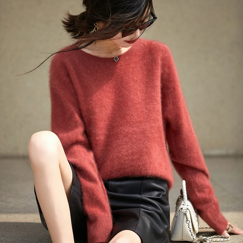 

New Autumn And Winter 100% Pure Wool Brushed Sweater Women's Round Neck Warm Sweater Cashmere Knitted Bottoming Shirt