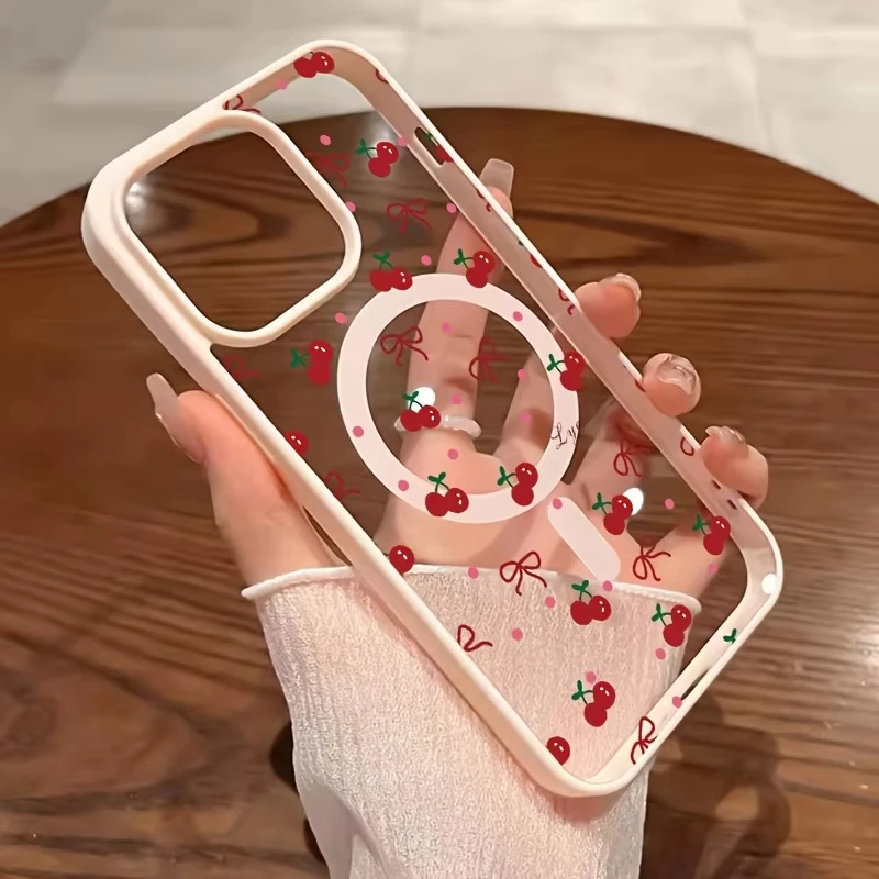 Red Cherry Printed Magnetic Phone Case For iPhone 17 16 15 14 13 12 Pro Max Mini X XS XR 14 Plus 16E 17Air Clear Hard Cover view 2