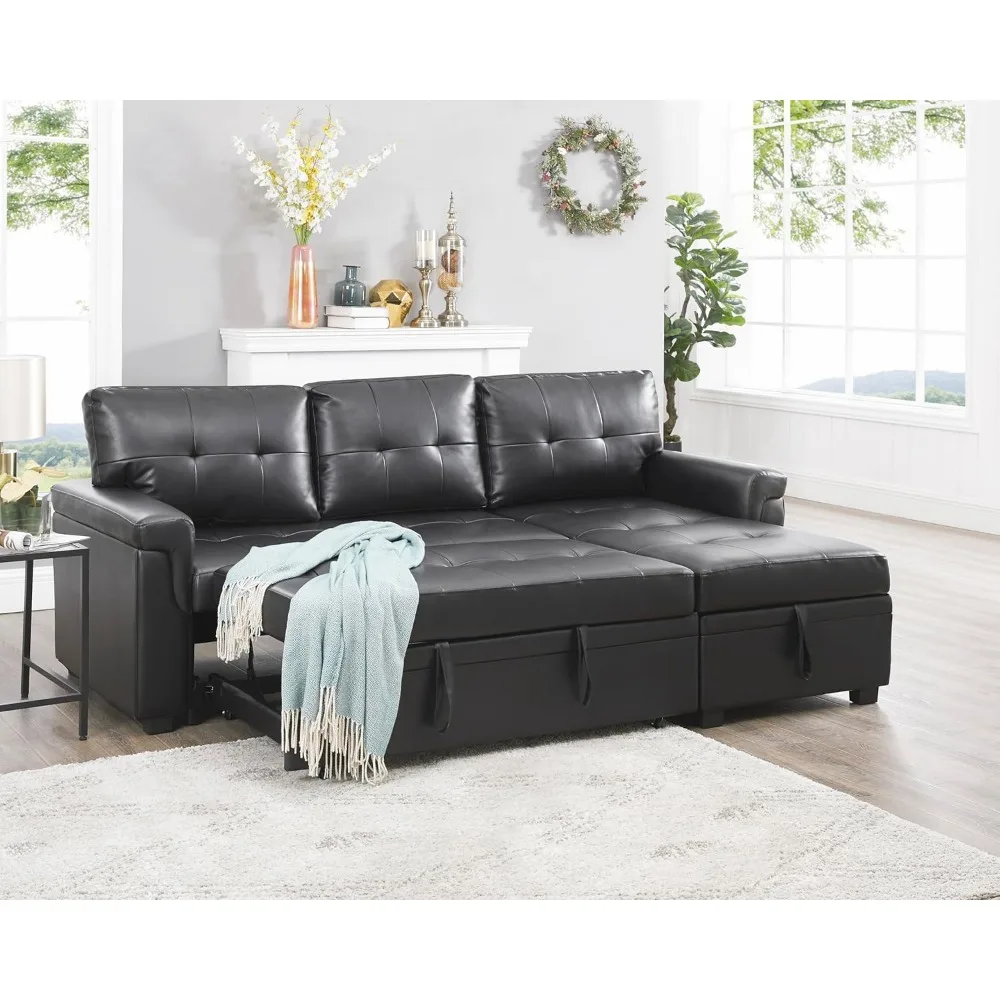 Jenny Sectional Sofa Sleeper with Storage Chaise, Tufted Pull Out Couch with Storage,  L-Shaped Sleeper Sectional Sofa Bed