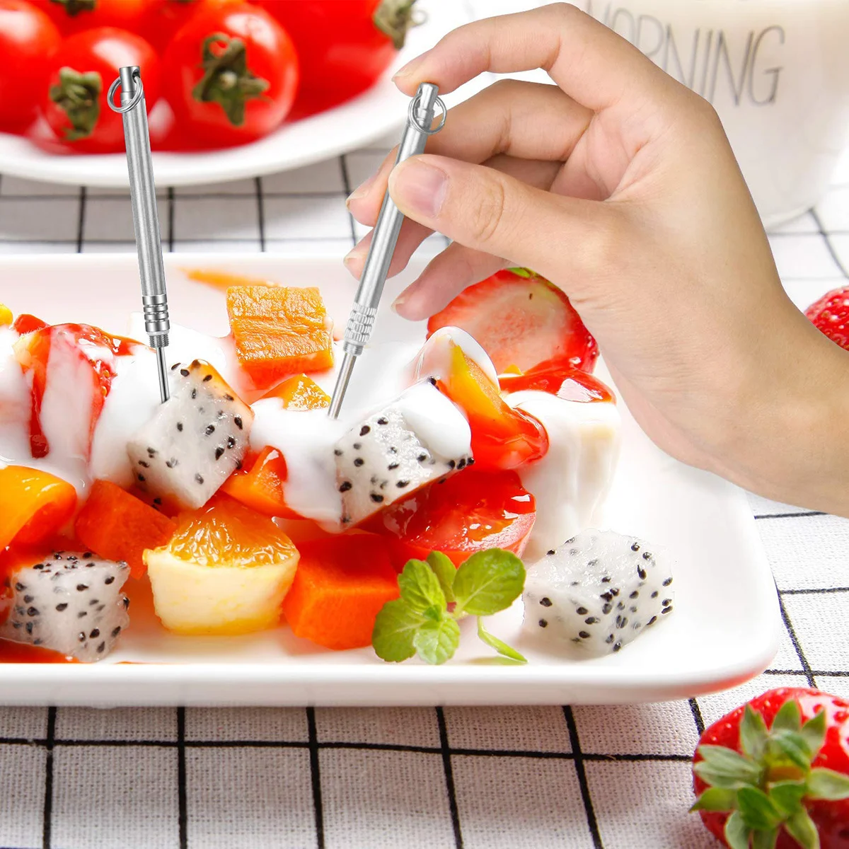 

1Pcs Portable Fruit Pick Tool Odorless Metal Toothpicks with Long Handle for Wedding Banquet Home Outdoor Convenient Silver