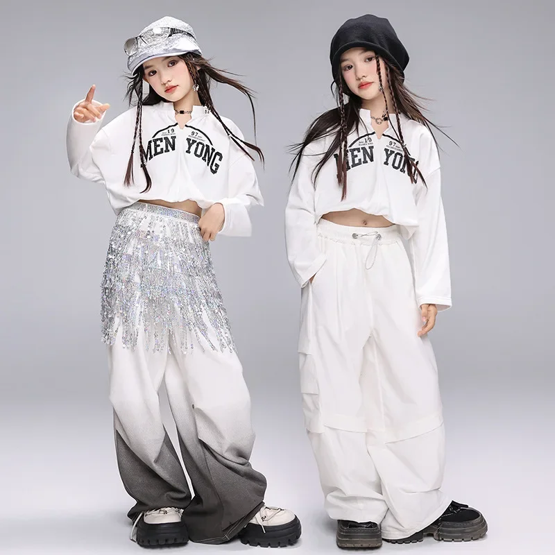 

Cool Jazz Dance Costume Girls Hip Hop Street Dance Clothing Kpop Stage Outfit Casual Streetwear White Tops Gradient Pants