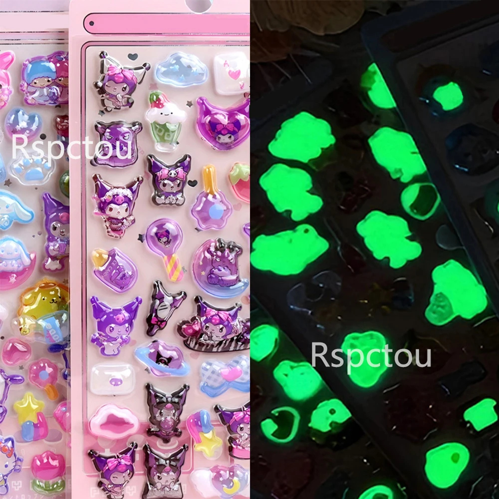 Lichtgevende Leuke Sanrio 3D Relief Stickers Kawaii Meisjes Kuromi Cinnamoroll My Melody Crystal Decals Kids Decoratie Sticker Packs