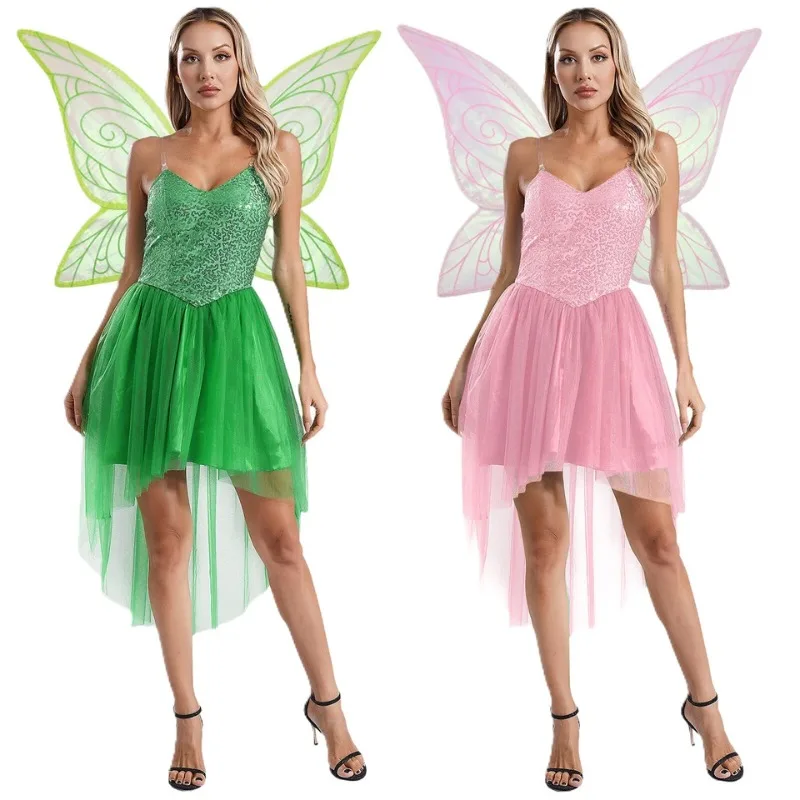 

Women Green Princess Dress Forest Tinker Bell Costumes with Fairy Tale Wings for Halloween Carnival Roleplay Dress Up