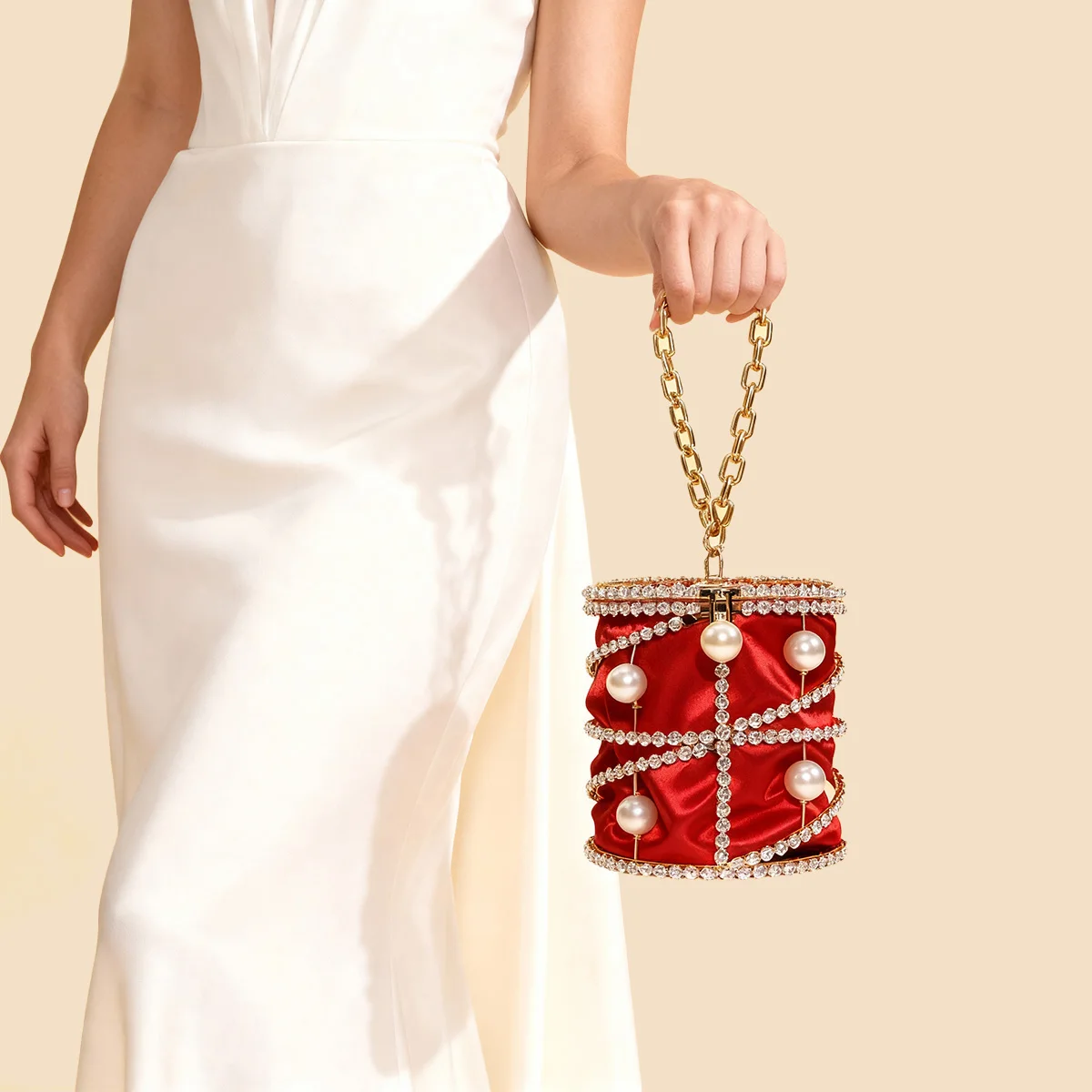 

JIOMAY 2025 New Women's Gold Evening Bag Luxury Sparkling Bucket Wallet Detachable Beaded Shoulder Bag Wedding Party Purse