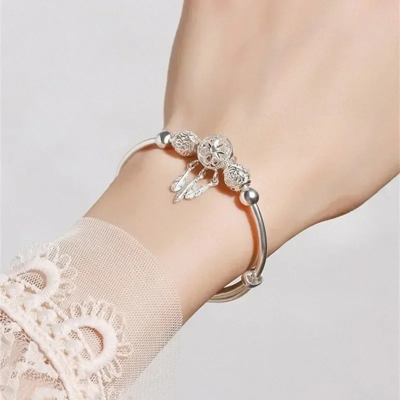 Bracciali in argento Sterling 925 per le donne nappa piuma rotonda perline braccialetto regolabile regali di gioielli da sposa per feste di design di lusso