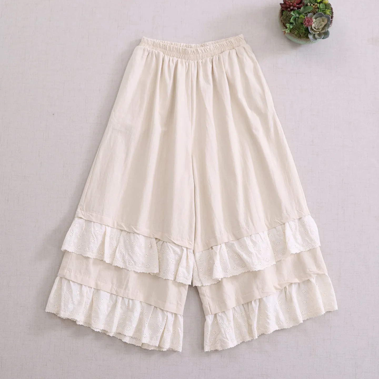 Japanese Sweet Mori Girl Embroidery Patchwork Cotton Wide Leg Pants Women Autumn New Elastic Waist Casual Loose Straight Pants