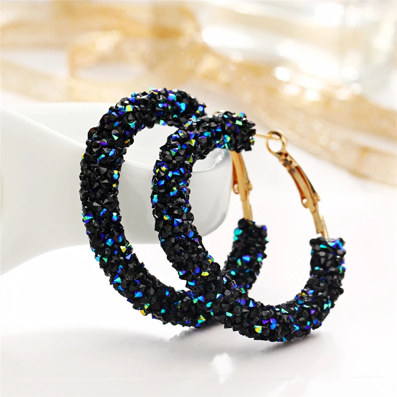 New Design Fashion Charm Crystal Hoop Earrings Geometric Round Shiny Rhinestone Big Earring Jewelry Women Ladies Earrings Metal