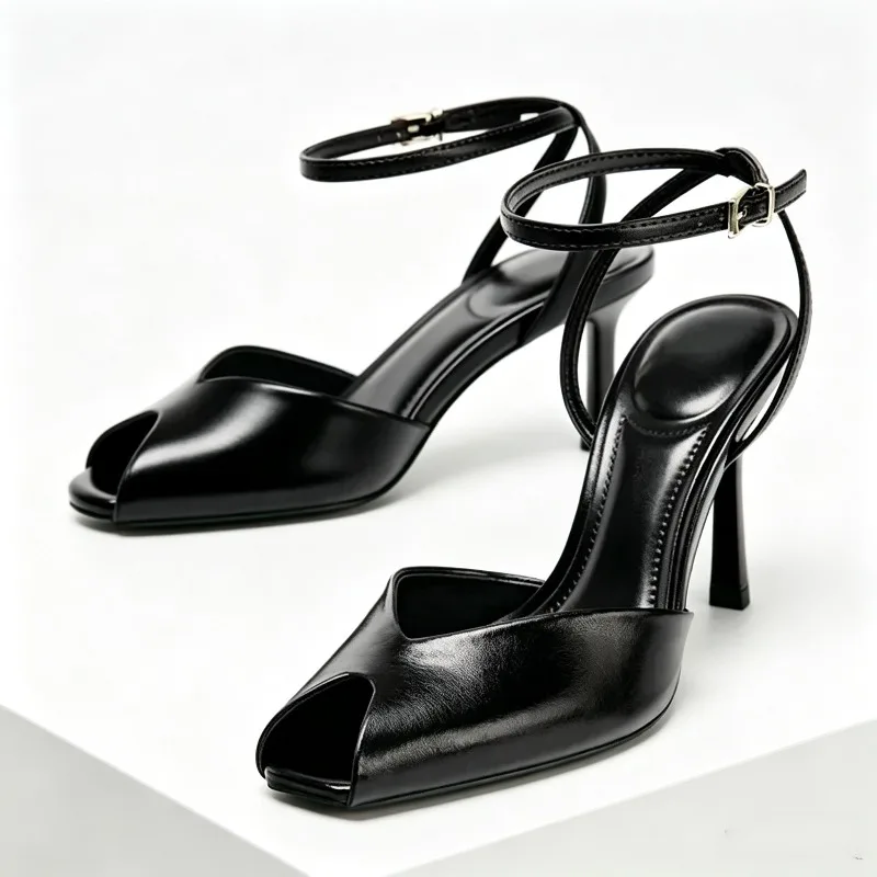 

Cozy Black Soft Leather Peep Toe High Heel Sandals Women Fashion Ankle Buckle Designer Shoes Elegant Banquet Brand Dress Shoes