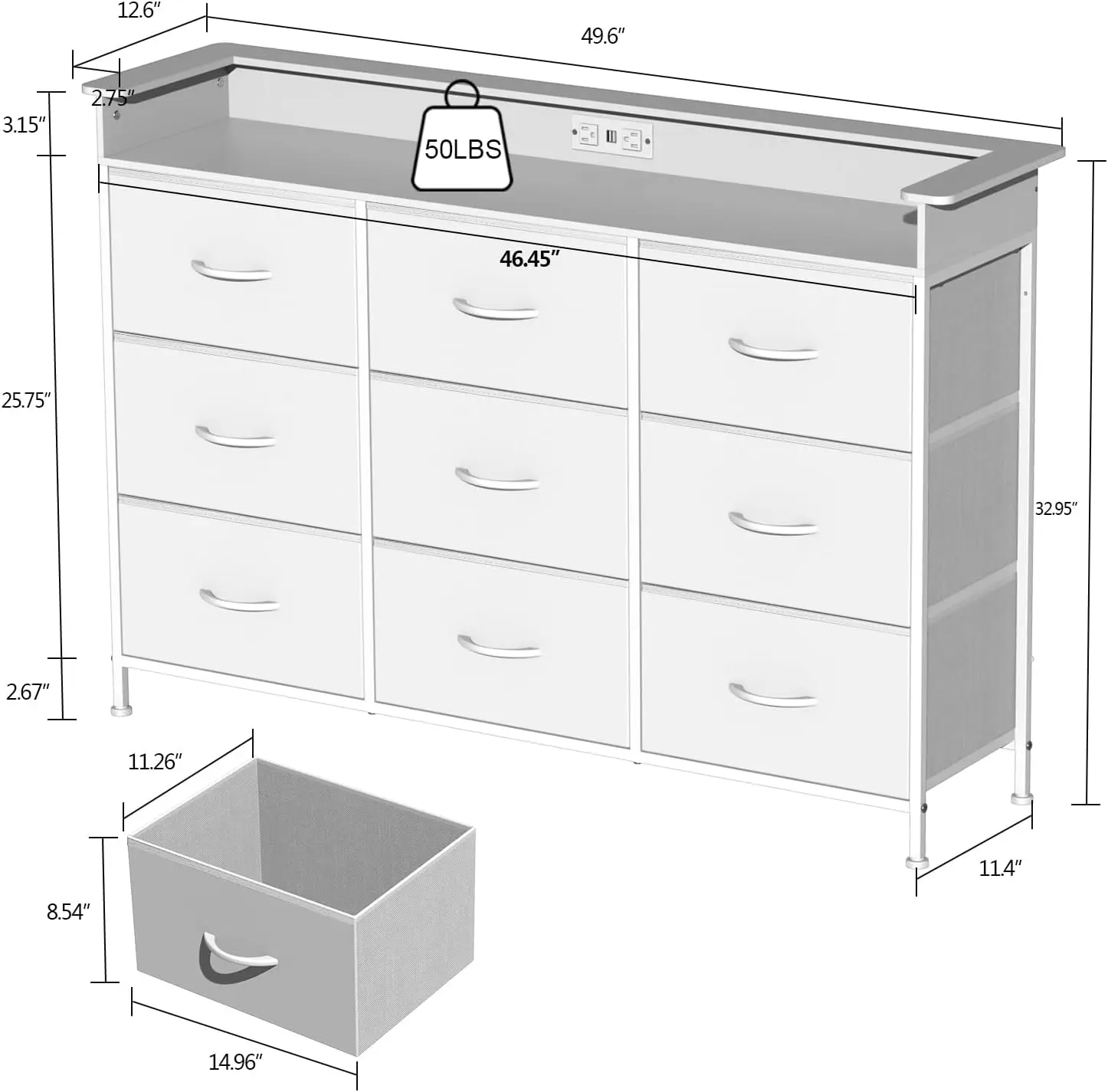 White Dresser with LED Light for Bedroom 9 Drawer Dressers with Charging Station Chests of Drawers for Entryway Closet Living Ro