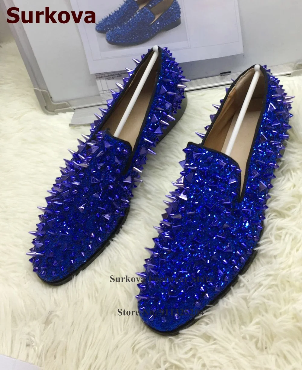 

Surkova Royal Blue Gold Sequined Rivets Men Dress Shoes Glitter Paillette Bling Bling Spikes Decorated Loafers Casual Shoes