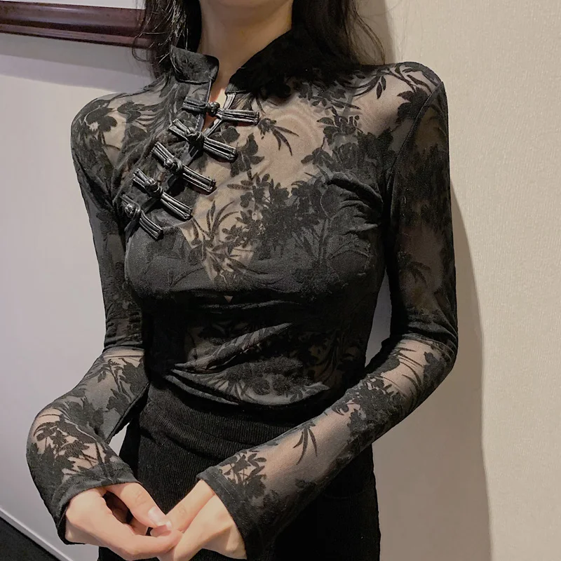 2024 Fashion Lace See Through Shirts and Blouses Woman Long Sleeve Slim Chinese Turtleneck Black Sexy Top for Women Y2k 11350