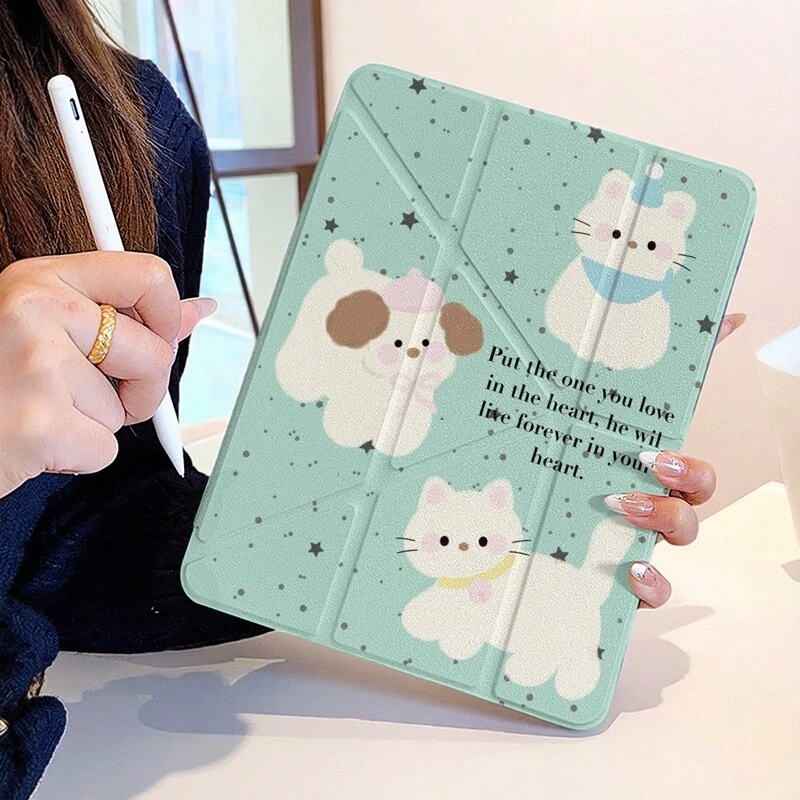 Korean Ins Cute Puppy Cat Y2K Y-Fold Cover For iPad Pro 13 11th M5 M4 12.9 A16 10 8 7 9th 10th Air 11 M2 M3 Mini Tablet Case