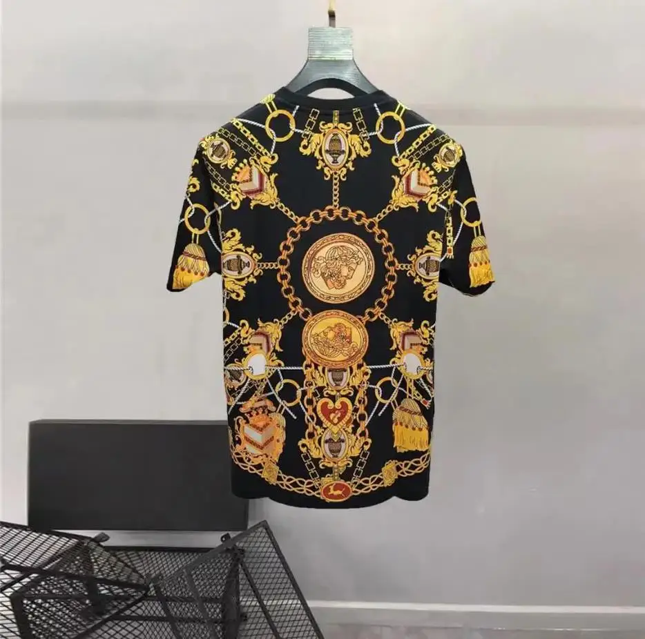 European and American men\'s 2023 summer new Round neck and short sleeves fashion Chain Vintage Print T-shirt