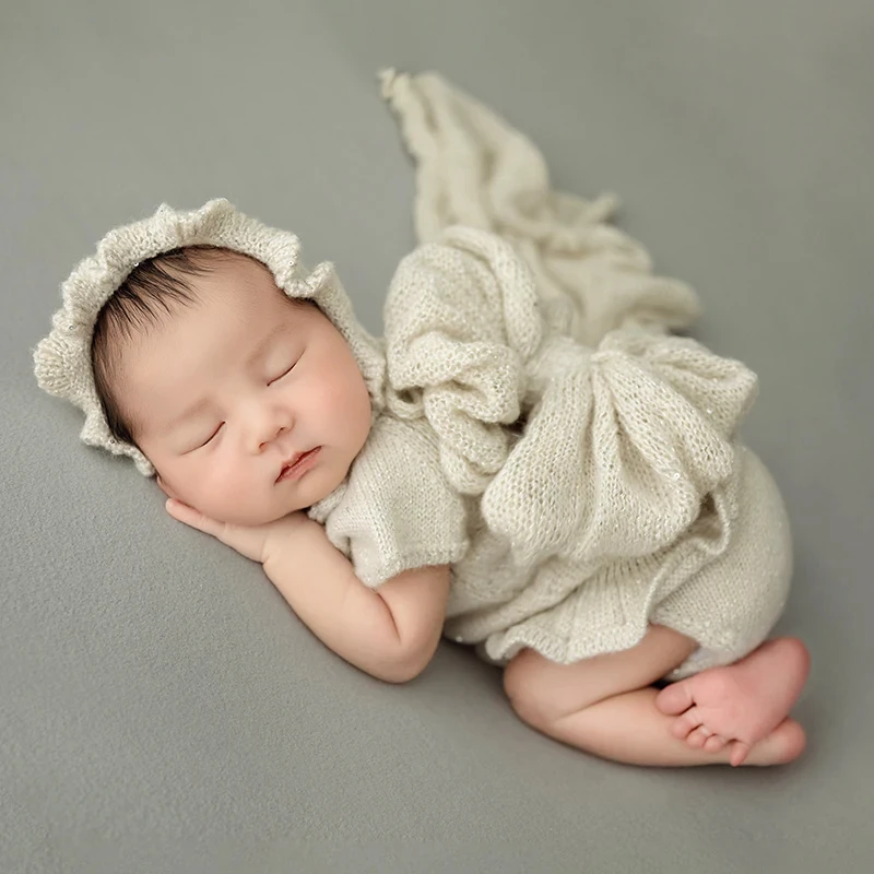 Accesorios para fotos de bebé, conjunto de vestido de punto para niña, Diadema con lazo suave, tela elástica, accesorios de fotografía para recién