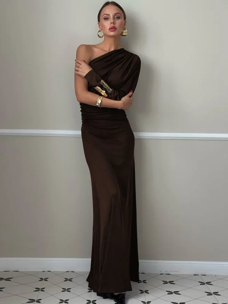 

Inclined Shoulder One Sleeve Sexy Maxi Dress Women Fashion Skew Collar Backless Irregular Ruched Club Party Long Dress
