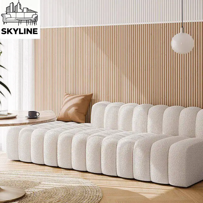 Soft Cream Tone Fluffy Lamb Wool Armless Straight Piano Sectional Sofa Stylish Decor Lounge for Home Garment Shop