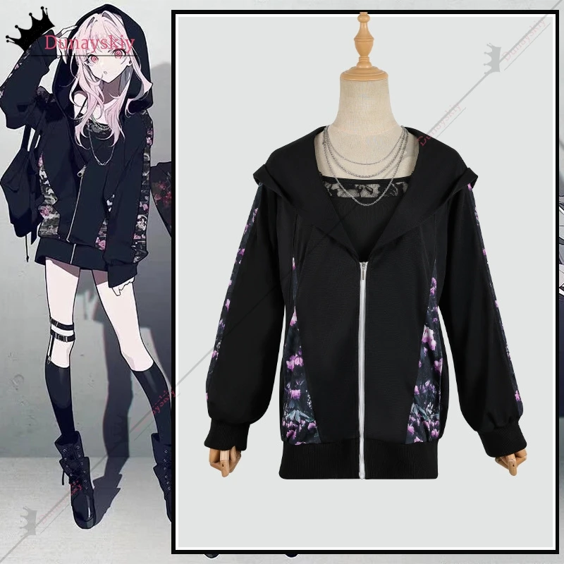 프로젝트 세카이 25 나이트코드 아키야마 미즈키 코스프레 코스튬 데일리 세트 블랙 후드티, 아키야마 미즈키 가발, 여성 크리스마스 할로윈