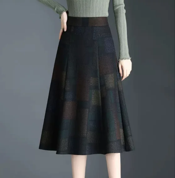 2026 New Fashion High Waist A-line Skirt Women Autumn and Winter Plaid Woolen Skirts Female Long Loose Pleated Skirts U510