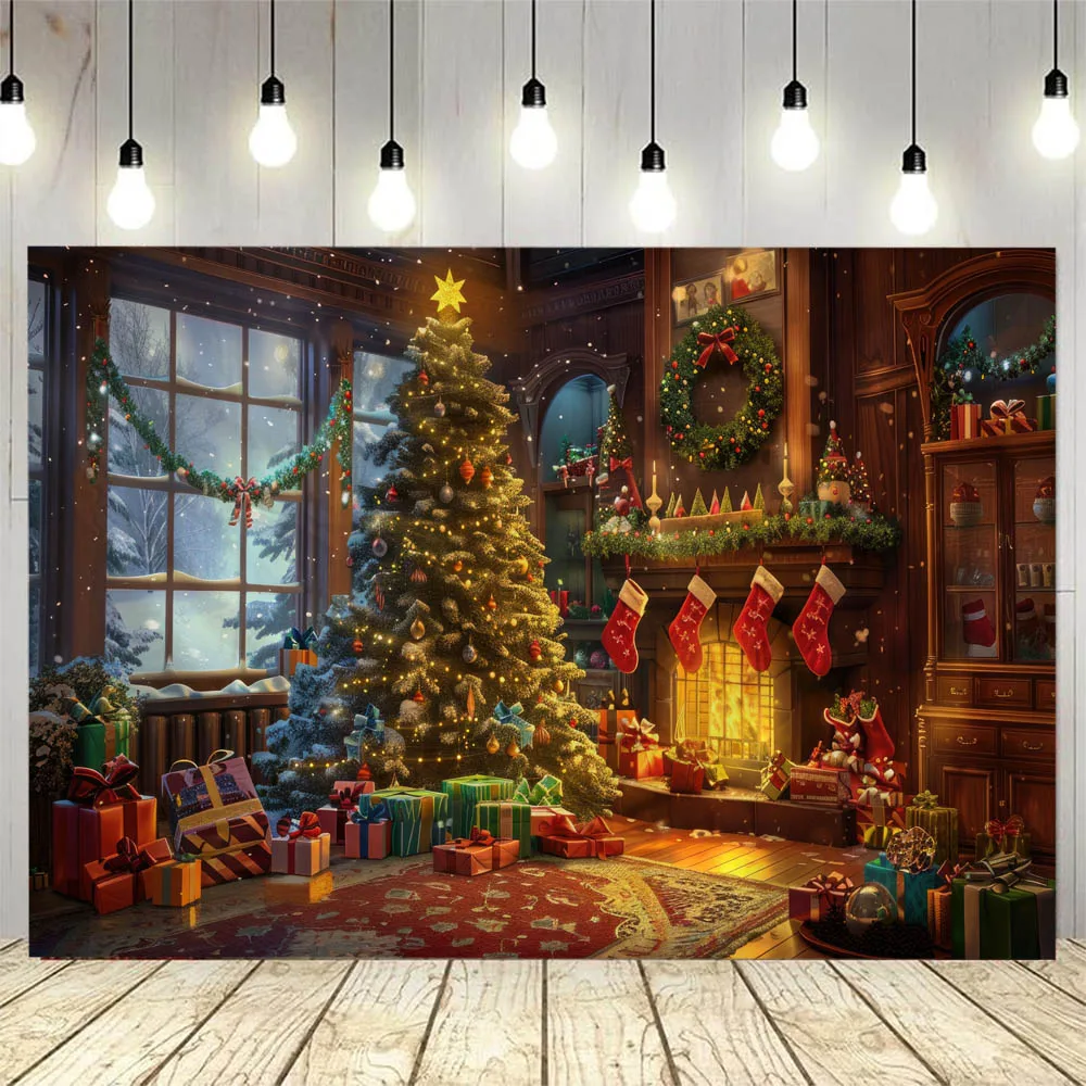 Vintage Christmas Tapestry Nostalgic Fireplace Window Snow Wall Decoration Cloth Warm Holiday Home Background