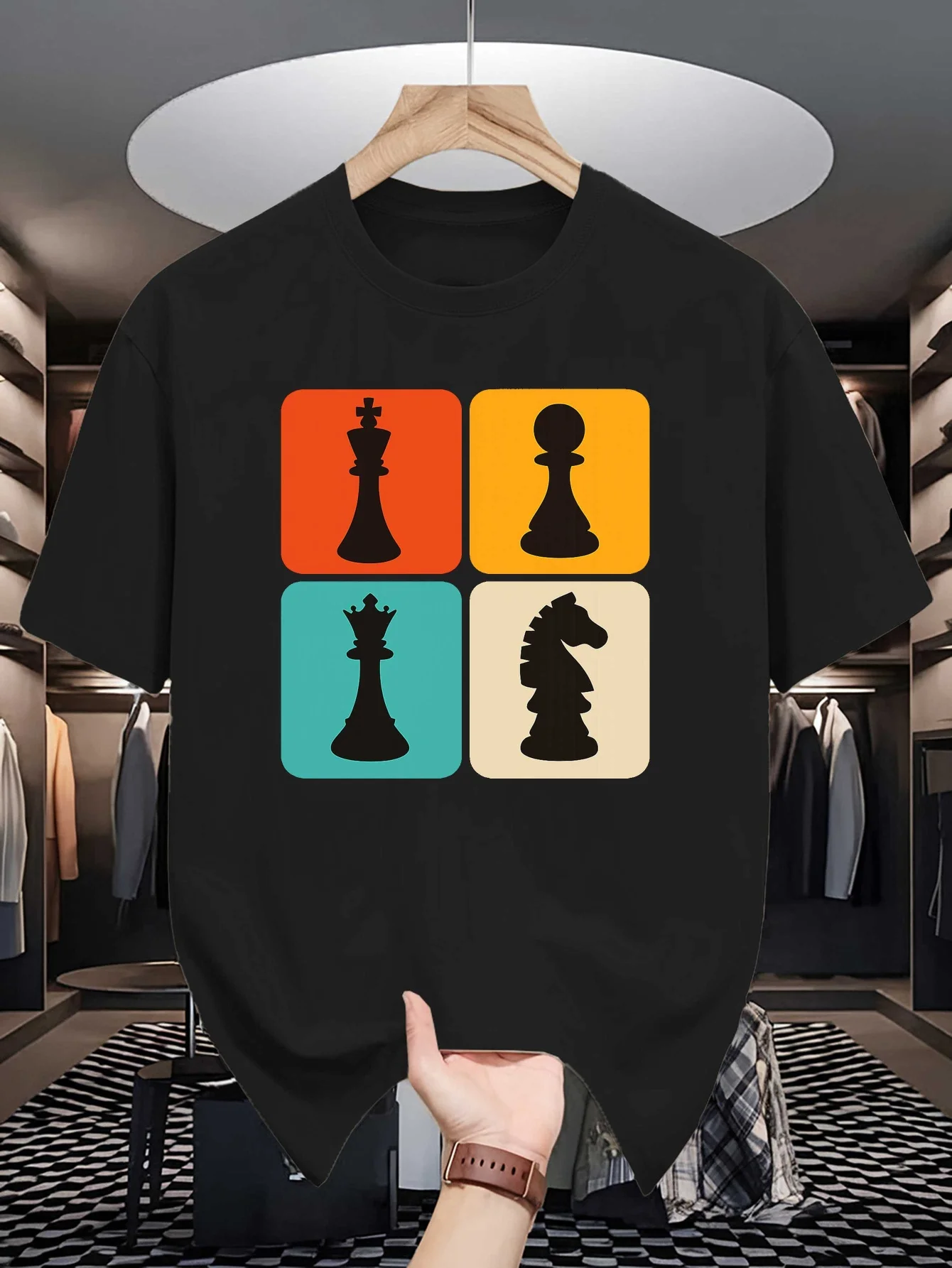 Mens Color Block Chess Pieces T Shirt King Queen Knight Pawn Graphic Short Sleeve Crew Neck Casual Cotton Male Daily Fashion Tee