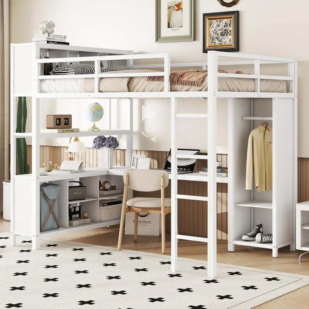 Metal Loft Bed with Wardrobe and L-Shaped Desk, Full Size Loft Bed with Storage Cubes and Shelves, Heavy Duty Loft Beds