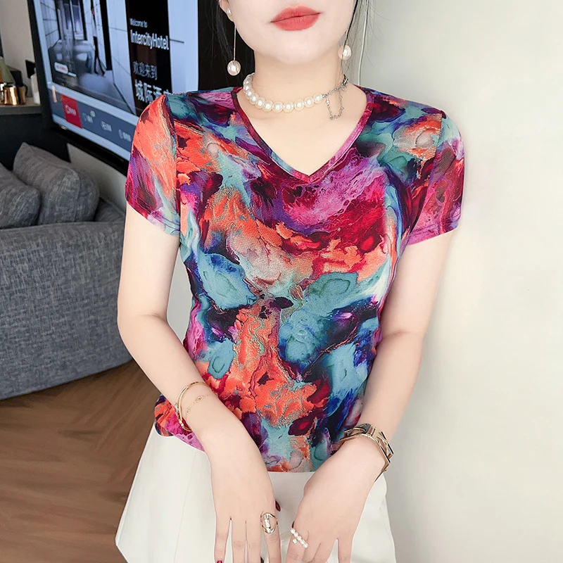 2026 new summer korean clothes mesh t-shirt fashion sexy o-neck printed Positioning women tops short Sleeve pullover tees