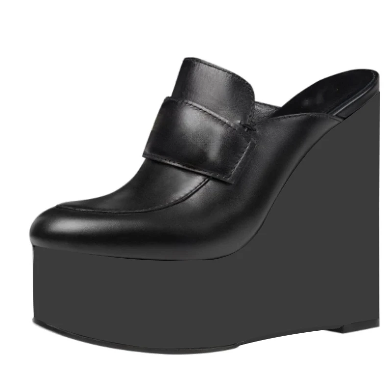 

SHOFOO Fashionable women's high-heeled slippers. Black leather slippers. About 15cm heel height. Closed toe slippers. size:34-46