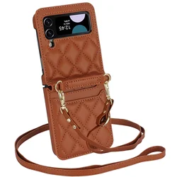 Lanyard Cards Solt Leather Wallet Case For Samsung Galaxy Z Flip 6 5 4 3 5G Flip5 Flip6 Purse Bag Crossbody Strap Pocket Cover
