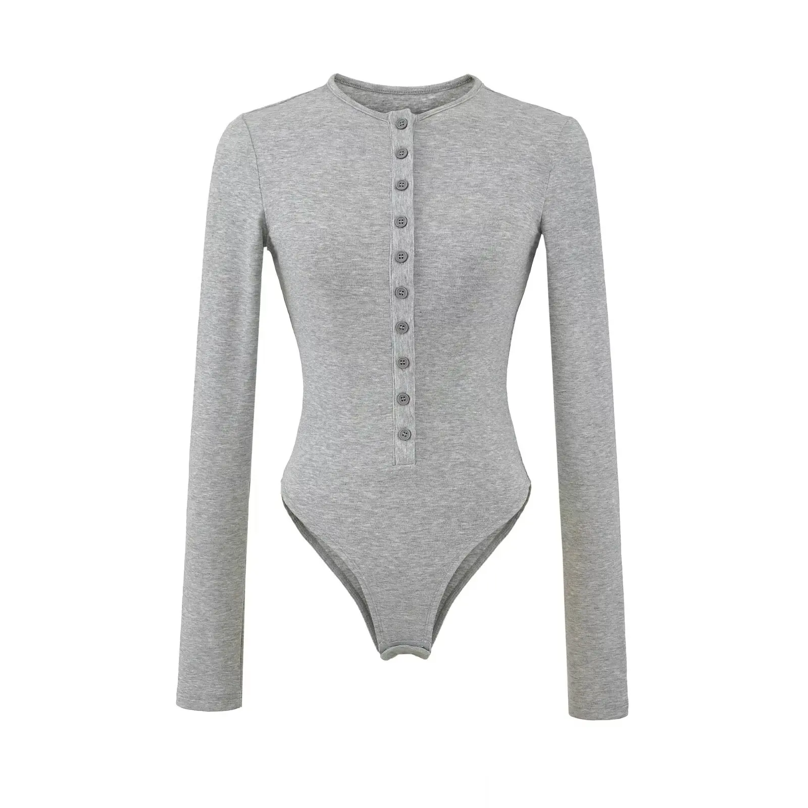 Baju bodysuit seksi Amerika model kancing depan, ketat, bahan dasar katun, untuk wanita, awal musim gugur, kerah Henry, lengan panjang, atasan.