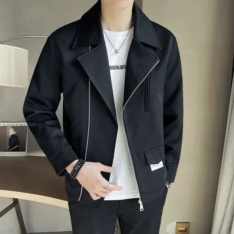 Korean Version Trend Bias Tape Zipper Handsome Haulage Motor All-match Coat  Spring New Suit Collar Design Sense Jacket Male