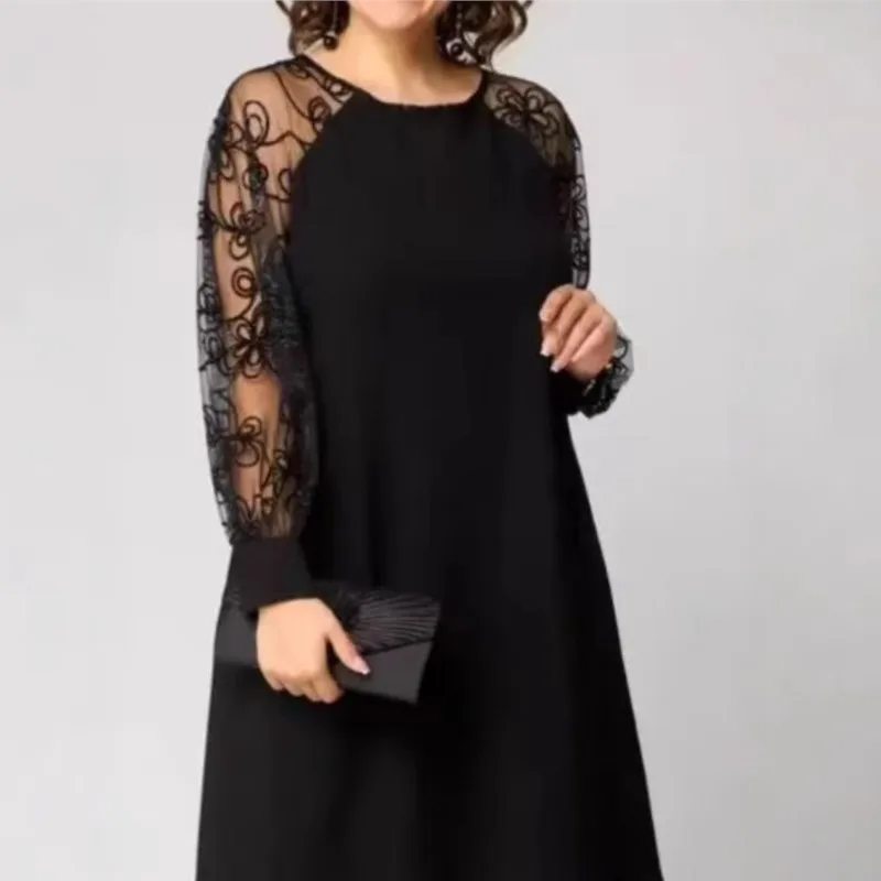 فساتين أنيقة للربيع/الصيف للنساء 2025 للحفلات شفافة بأكمام طويلة من الدانتيل مُزينة بالزهور فستان زفاف ميدي أم العروس