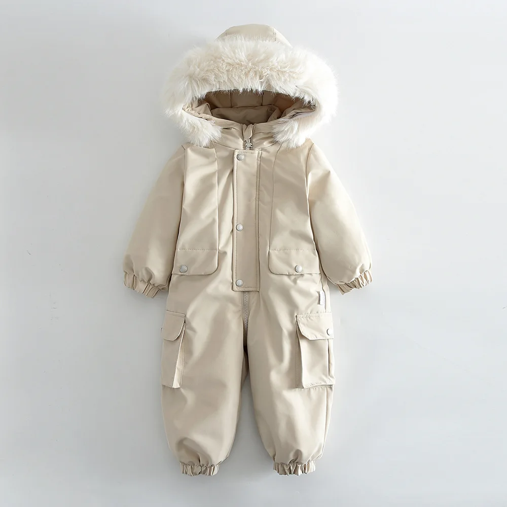 BELLBELL Winter Infant Baby Girl Ski Bodysuits Faux Fur Hooded Newborn Girls Snowwear Suit Rompers 1-6Yrs Girls Thicken Jumpsuit