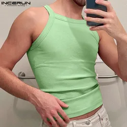 INCERUN Men Tank Tops Solid Color O-neck Sleeveless Fitness Casual Male Vests 2024 Streetwear Summer Fashion Men Clothing S-5XL