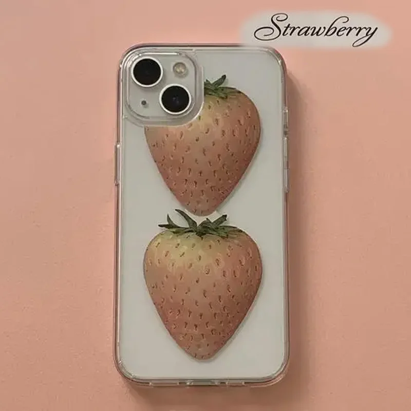 Korean style Two White Strawberries Simple Phone Case For iPhone 16 15 14 13 12 11 Mini Pro Max X XR XSMax 7 8 Plus Soft Cover