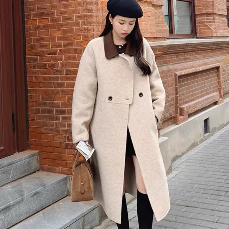 Women High Sense Reversible Cashmere Coat Winter Female Hepburn Style Loose Woolen Outwear Long Below The Knee Casual Outcoat