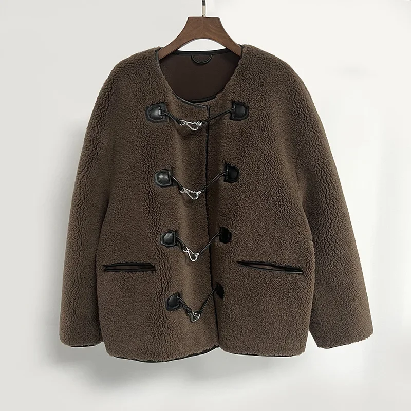 

Faux Fur Coat Metal Buckle Stitching Casual Fashionable Jacket Women Coat