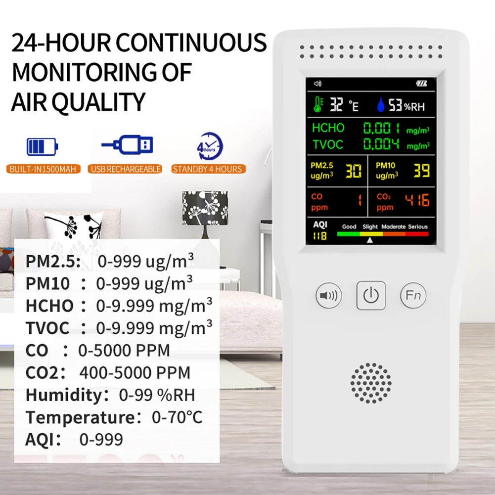 CO2 Meters Air Quality Detector 9 In 1 Temperature Humidity PM2.5 PM10 HCHO TVOC CO CO2 AQI with Backlight LCD Color Display