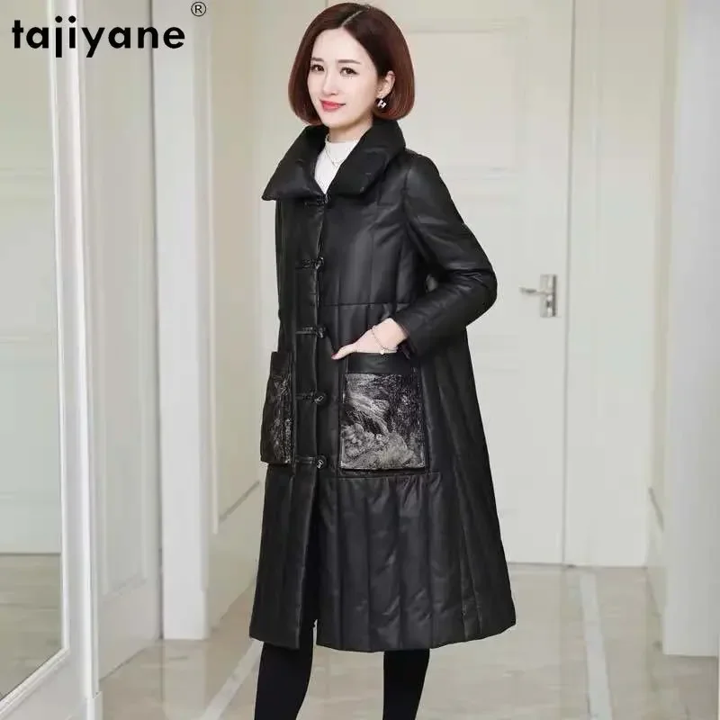 Tajiyane 100% Genuine Sheepskin Leather Jacket Women Winter 2023 Mid-length Down Jackets Slim Black Down Coats Real Leather Coat