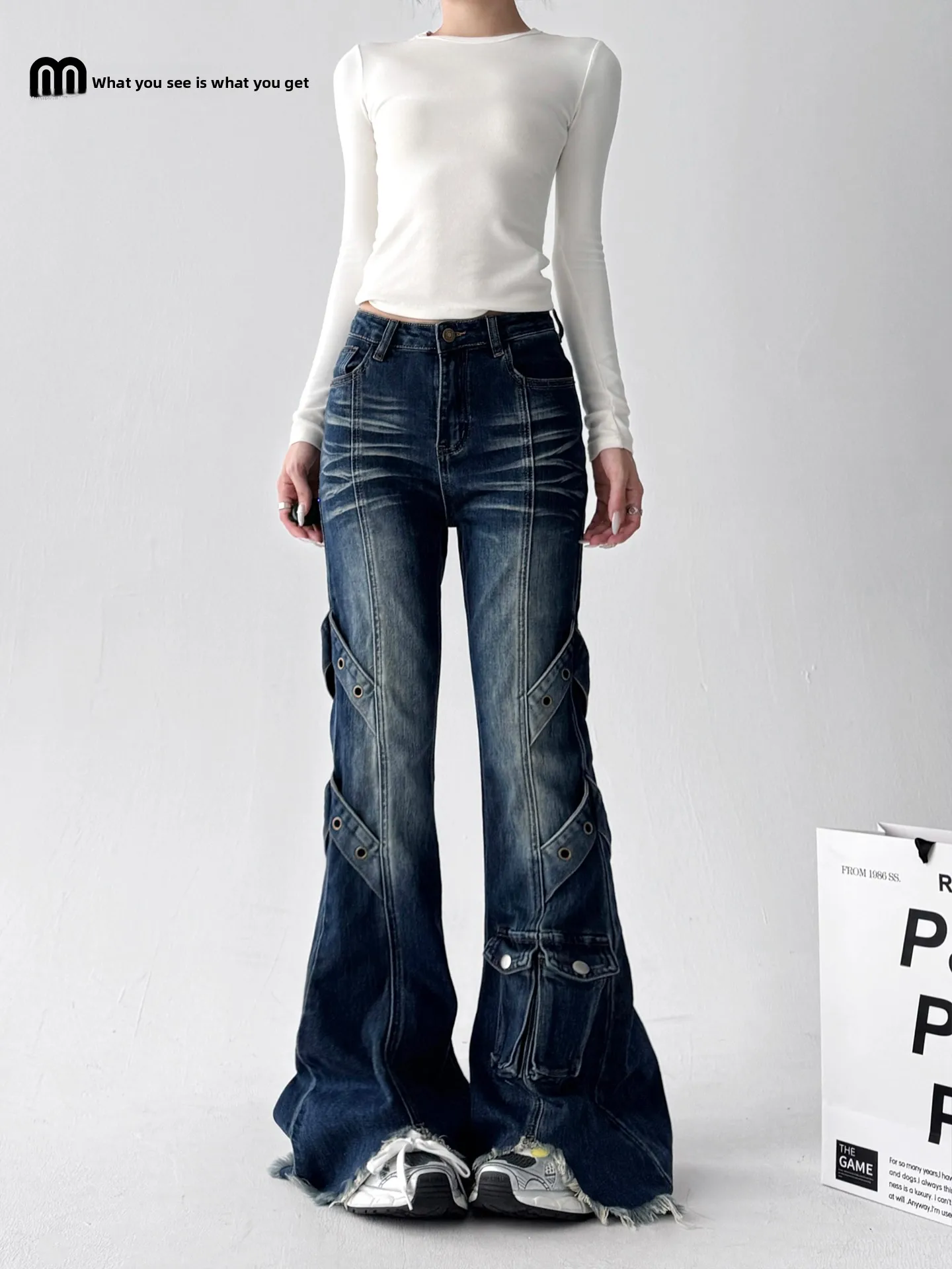 بنطلون جينز نسائي بخصر منخفض وأرجل واسعة، بنمط بانك وغسيل صناعي، سروال كاجوال بتأثير تنحيف، تصميم عصري من مزيج القطن