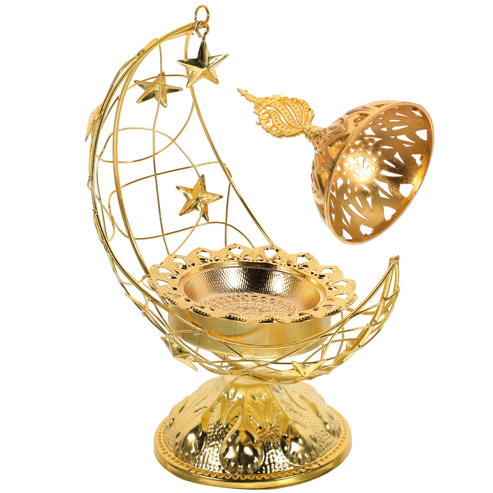 

Moon Shape Arabic Incense Burner Ornament Metal Censer Decor for Home Indoor Desktop Aroma Relaxation Vintage Craft Hollow Cone