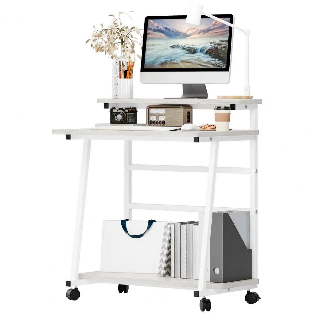 80x50cm Small Rolling Computer Desk, Computer Desk for Small Space, 3-Tiers Work Office Desk with Monitor Stand, Small Student W