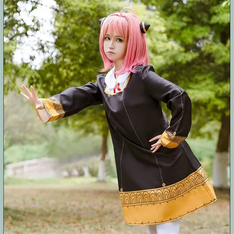 Disfraz de Anime spy X family Anya forger para niños y adultos, vestido negro Kawaii para niñas y mujeres, peluca rosa, trajes de juego de rol para fiesta