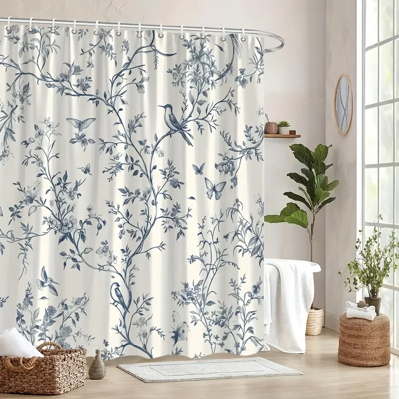 Elegant Botanical Blue Bird Floral Shower Curtain Bathroom Decor Waterproof Curtain for Modern Home Bathroom Shower Curtain
