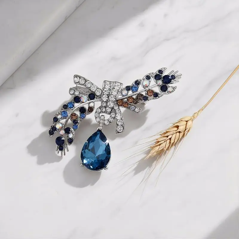 Crystal Waterdrop Wheat Brooches For Women Beautiful Flowers Plants Party Office Brooch Clothes Backpack Pins Gifts