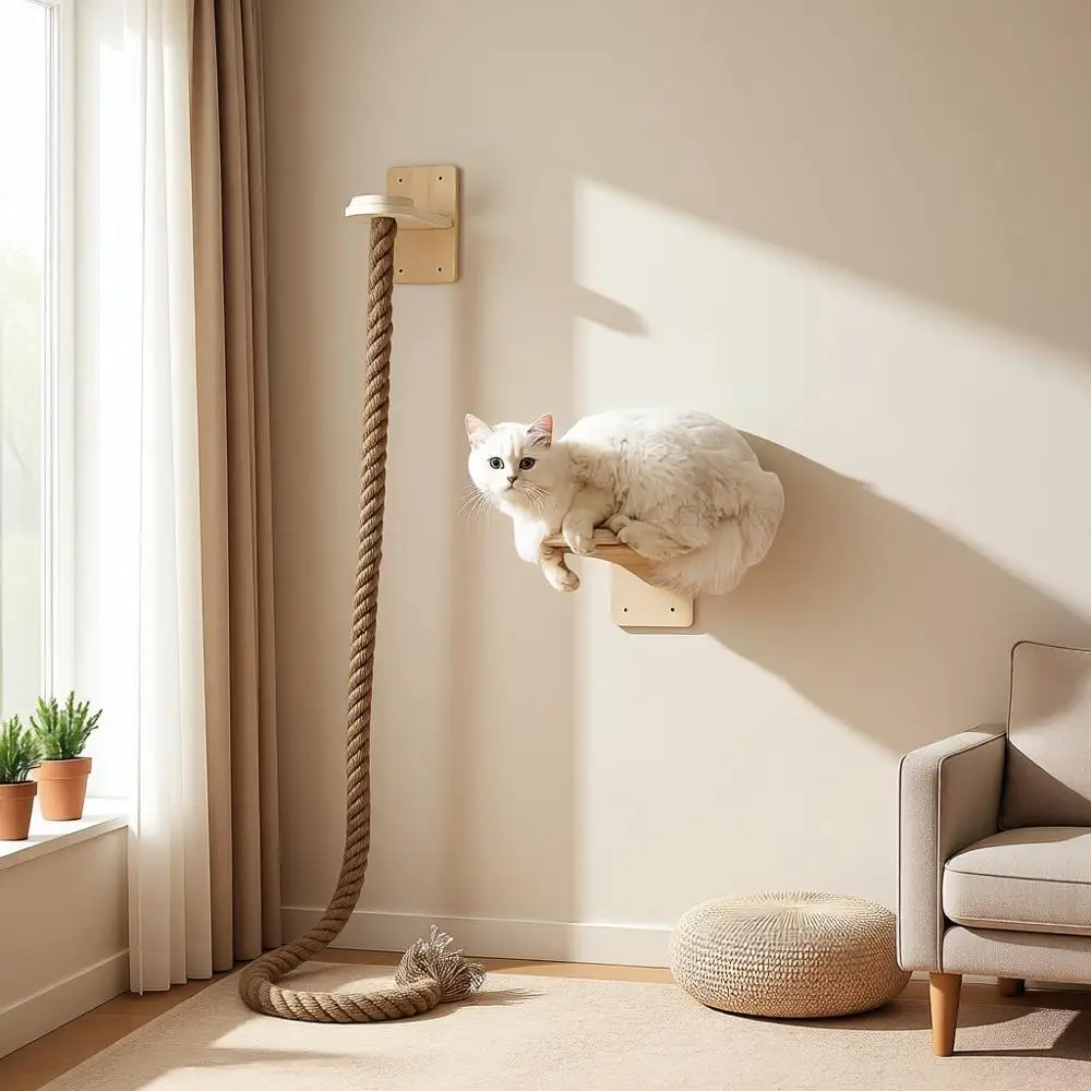 

Cat Scratching Post Wall-Mounted Cat Ladder, Cat Tree with Durable Climbing Rope & Space-Saving Furniture for Indoor Cats - Easy