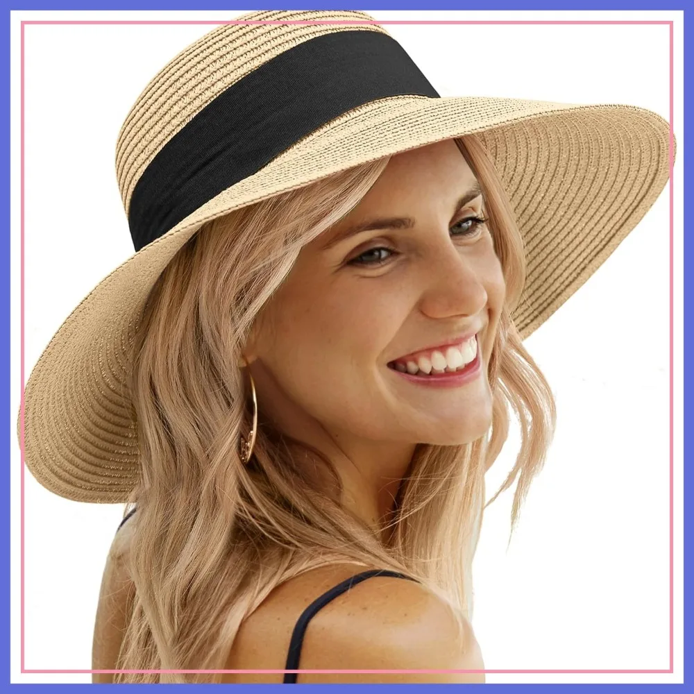 

Sun Beach Hats for Women, Wide Brim Straw Hats with Chin Strap, Foldable Woven Sun Hat UV Protection