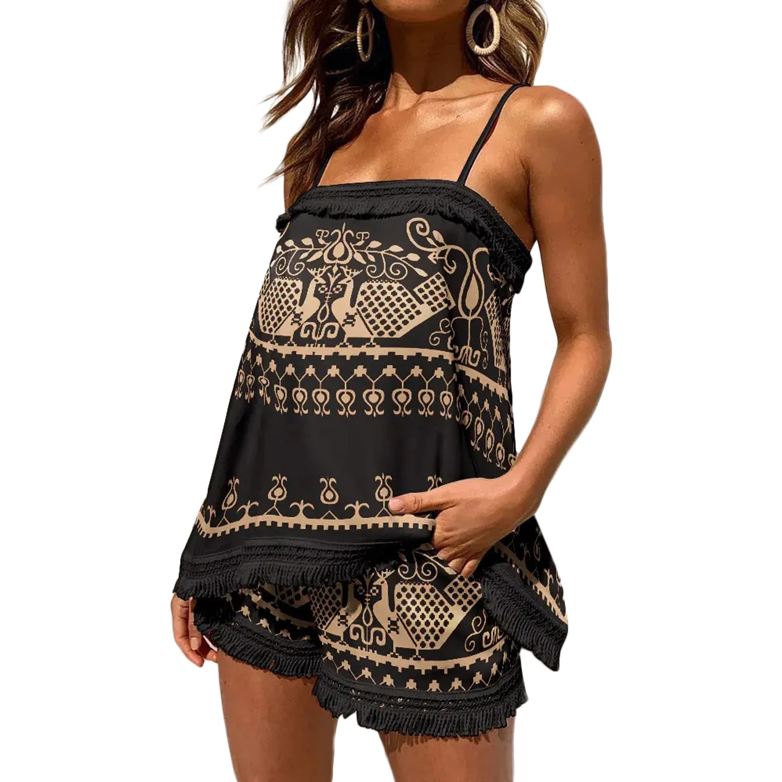 New Women Vintage Printing Pants Suit Spaghetti Strap Fringed Camisole And Loose Fit Shorts Casual Everyday Wear Hot S-XL