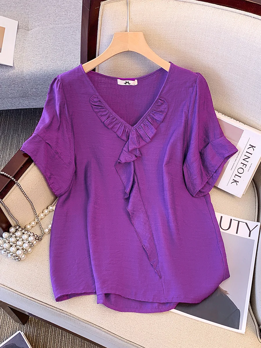 

150Kg Plus Size Bust 153cm Women's Summer Retro V-Neck Short Sleeve Loose T-Shirt Purple 5XL 6XL 7XL 8XL 9XL