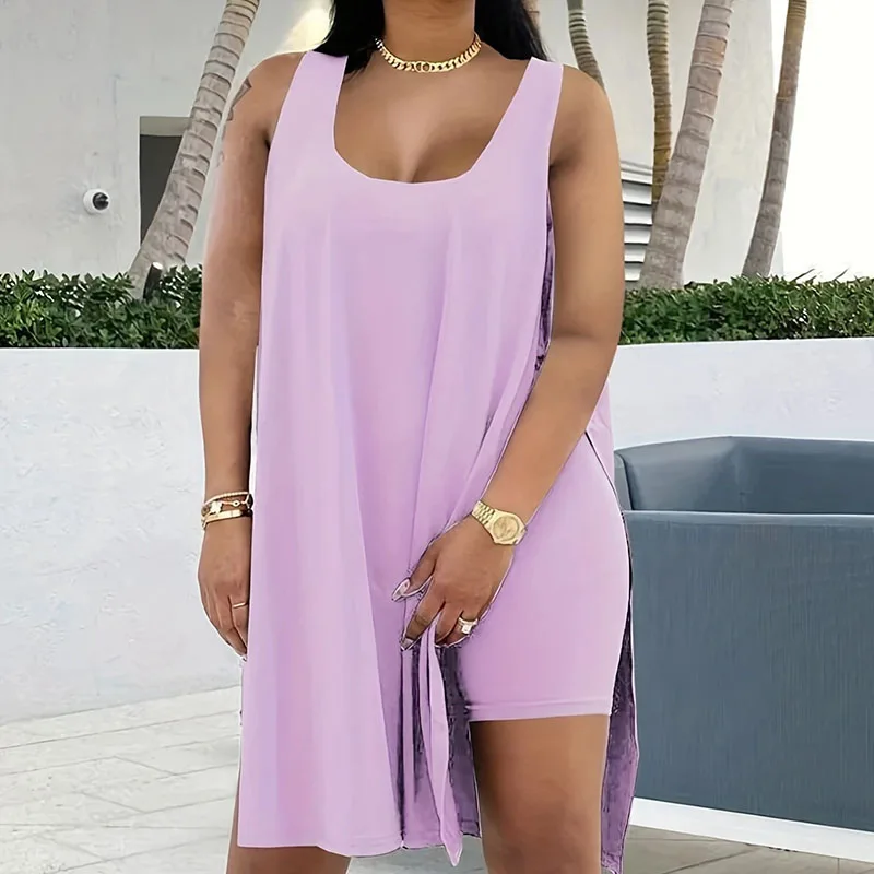 

Летний повседневный спортивный костюм, женский комплект из двух предметов, спортивная майка для фитнеса, длинный топ с разрезом по бокам и шорты, спортивные костюмы, одинаковые комплекты для бега