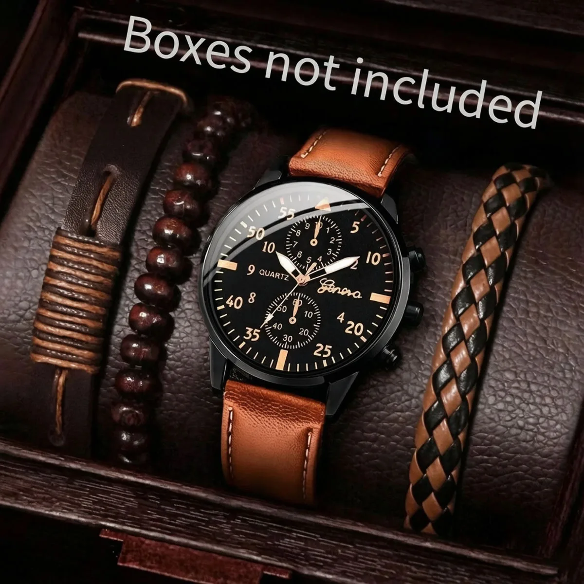4-piece men's versatile fashion watch set, business binocular quartz watch set